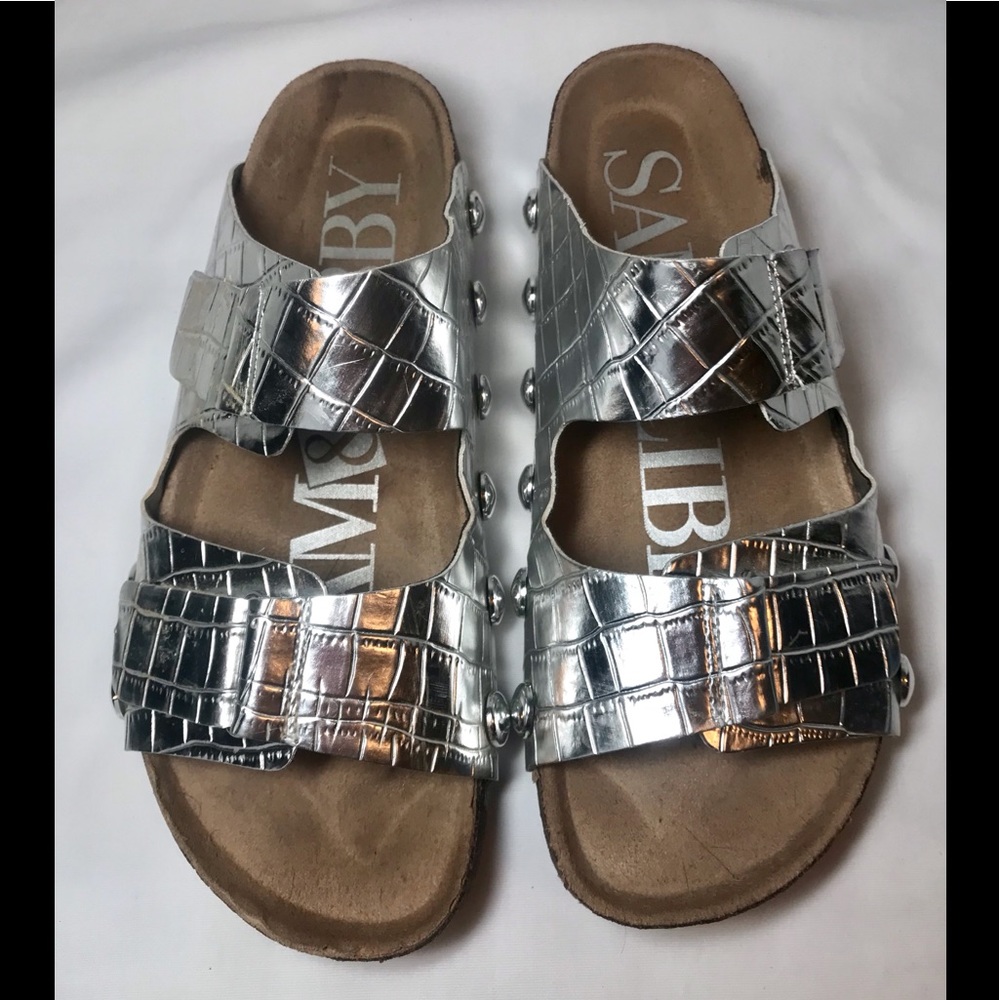 Sam Libby Silver Metallic Croc Birkenstock Style